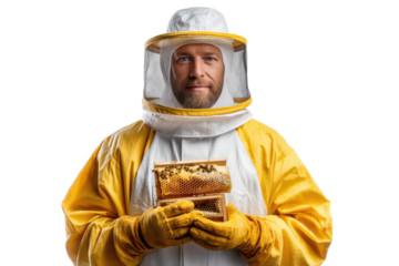 Worker in Beekeeping Suit Holding Bees Isolated on White Transparent Background PNG