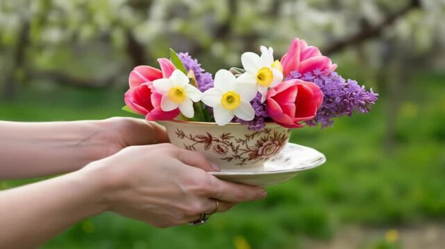 Hands holding a vintage teacup filled with colorful spring flowers in a garden setting outdoors scene
