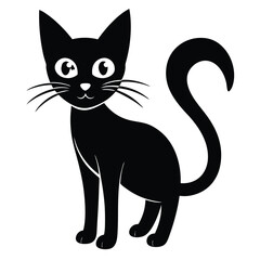 Fototapeta premium Cartoon Black Cat Standing With Big Eyes and Curled Tail Illustration