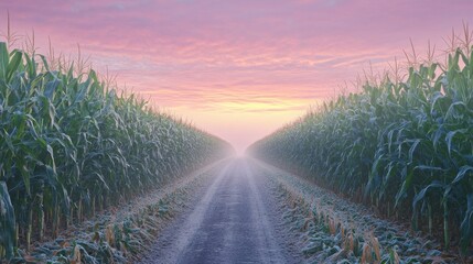 Endless road flanked by rows of green corn under a soft pink sunrise