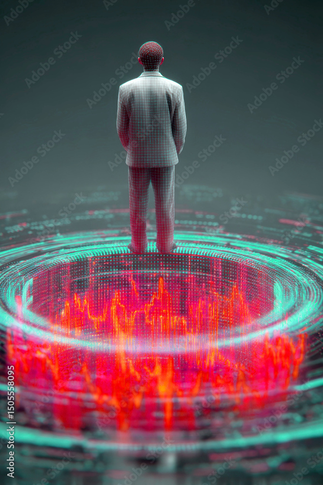 Poster a businessman in a suit stands on a digital platform, surrounded by glowing data and futuristic anal