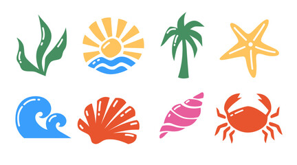 Summer Icon Set with Sea and Sun Elements. Colorful Vector Symbols of Beach, Wave, Shell and Palm