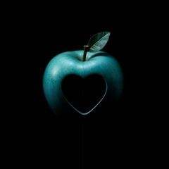 Obraz premium Teal heart-shaped apple with a leaf on a black background, creative design, love concept