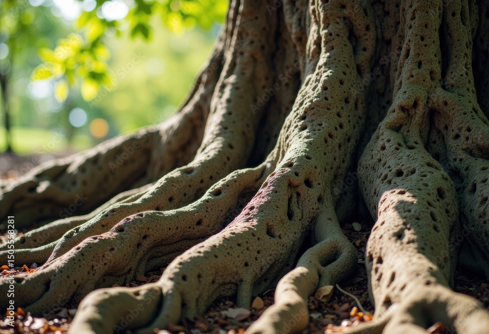 Poster close-up of a tree trunk with intricate roots and textured bark