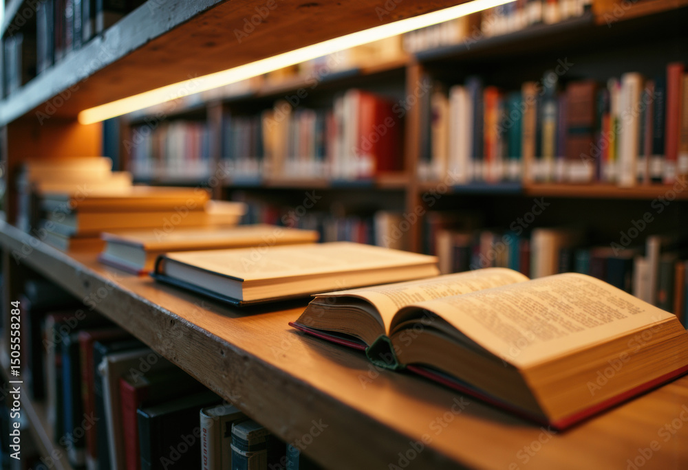 Poster open books and stacked notebooks on a wooden library shelf create a cozy reading environment