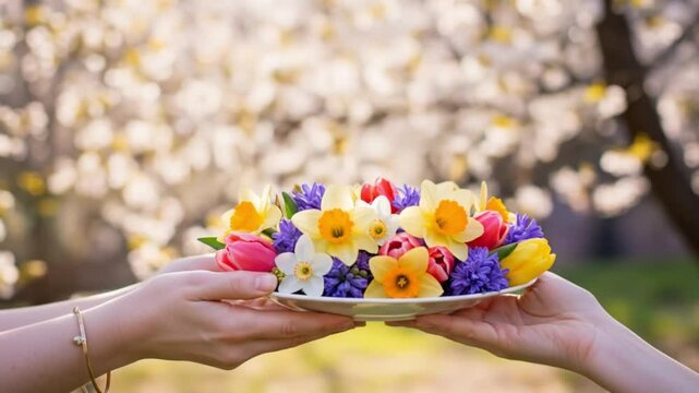 Hands holding a plate of colorful spring flowers against a blurred background of blooming trees