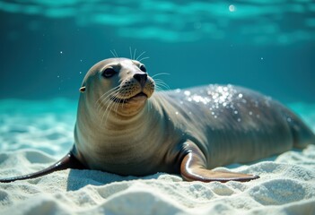 Fototapeta premium Seal resting on sandy beach under clear blue water with sunlight reflections