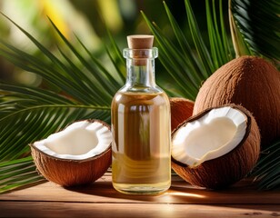 a clear glass bottle of coconut oil sits on a wooden surface surrounded by halved coconuts and green palm leaves evoking a tropical natural vibe