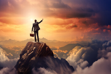 Fototapeta premium Businessman with briefcase celebrating success on top of a mountain at sunset, with clouds and mountains in the background