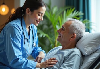 Obraz premium Caring nurse smiling at elderly male patient in hospital room with green plants