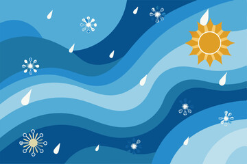 Abstract blue illustration with weather elements like sun snow and rain
