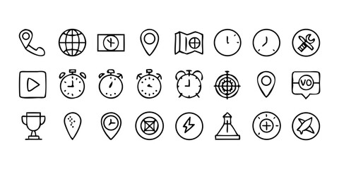 set icon Time, date and location icon set in line style, Containing hourglass, pin, stopwatch, calendar, clock, gps point, flag point, globe point and more, vector illustration
