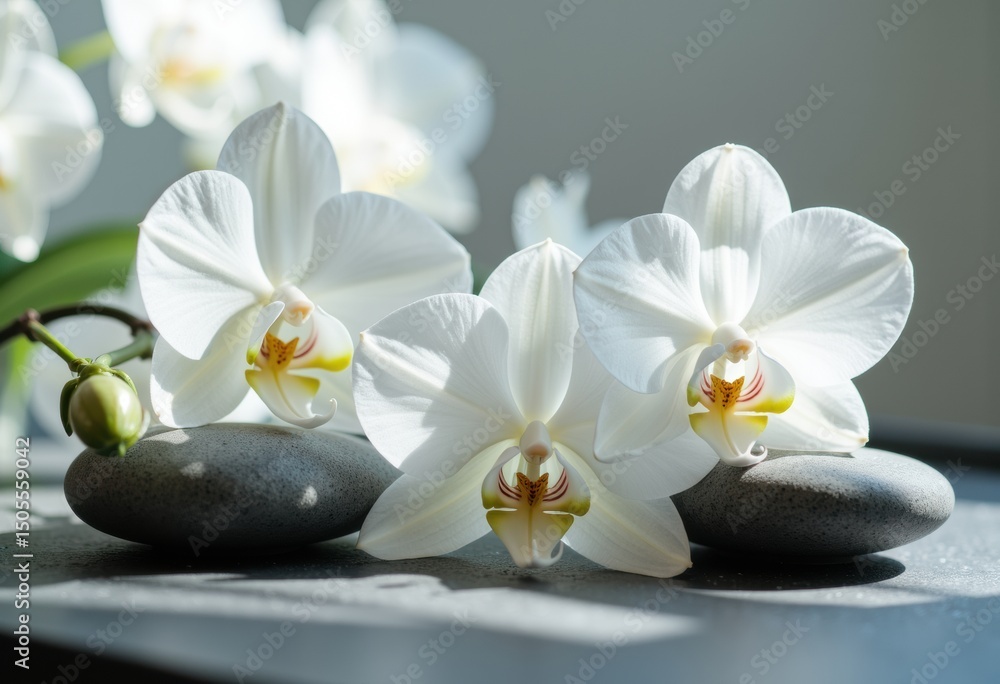 Poster elegant white orchids resting on smooth stones in a serene setting