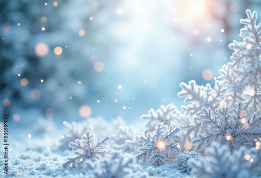 Poster frosted snowflakes and icy branches create a serene winter scene with soft bokeh lights