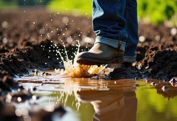 A person splashing water while stepping in muddy soil with rubber boots