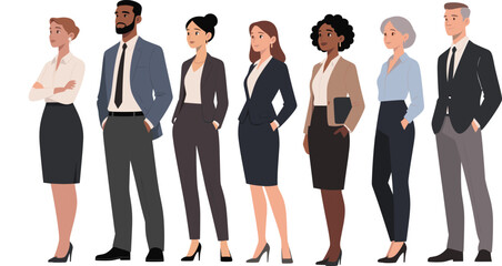 Diverse professional business team standing confidently in formal office attire, corporate staff group isolated on white background vector