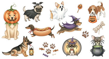 Fototapeta premium Halloween Dogs in Festive Pixel Art Costumes on Transparent Background