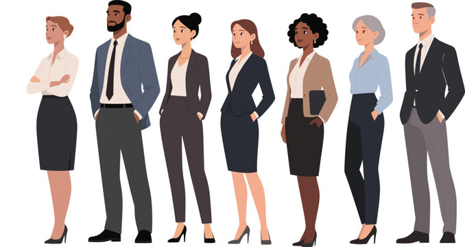 Diverse professional business team standing confidently in formal office attire, corporate staff group isolated on white background vector