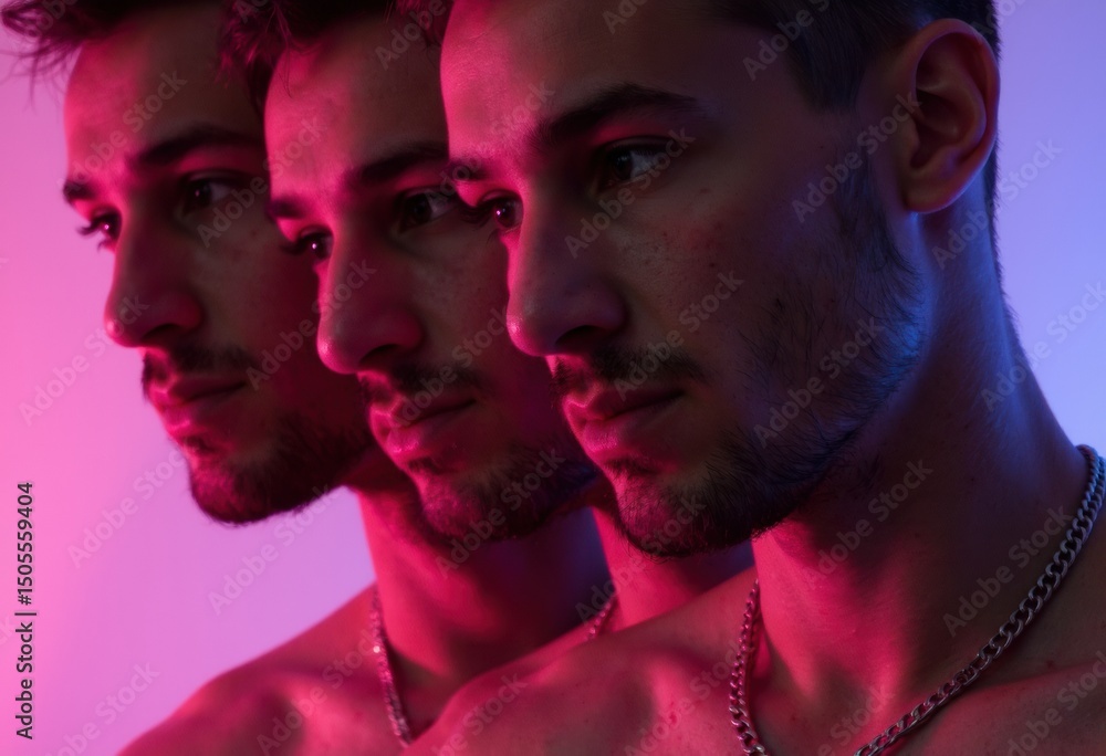 Poster three men with intense expressions posing against a colorful background