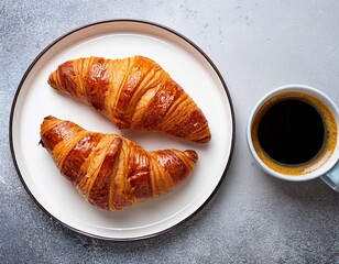 croissants with coffee two french croissants on plate and cup of espresso coffee on concrete background top view