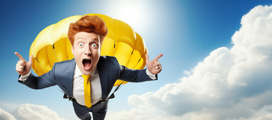 Young businessman with yellow parachute pointing both sides flying in a cloudy sky, astonished expression
