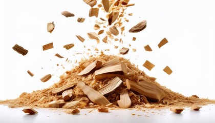 Fototapeta premium a pile of wood chips with more chips falling down on a white background