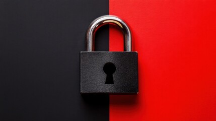 Fototapeta premium Minimalist composition of a square padlock on a high-contrast black and red background