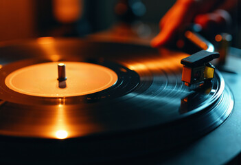 Close-up of a hand placing a needle on a vinyl record