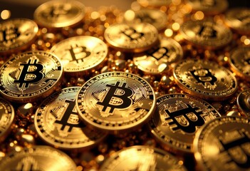 A close-up view of shiny gold Bitcoin coins stacked together