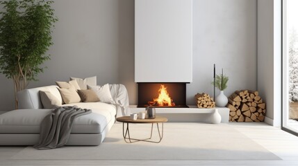 A modern, minimalist living room with a white couch, fireplace, and minimalist decor.