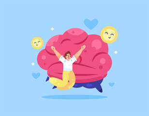 mental health and mind concept. feelings, psychology, thoughts, happiness, and good mood. feeling free and good. illustration of a man jumping happily. giant brain. flat style design. elements