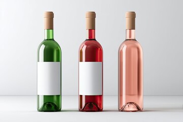 Three wine bottles, green, red, and rose,  with blank labels,  on a plain background
