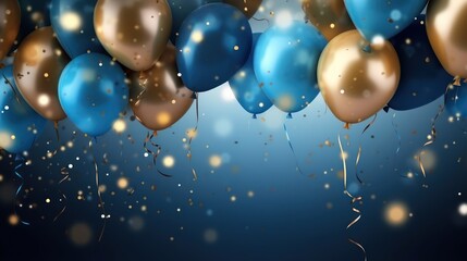 A festive blue and gold balloon arrangement against a dark blue background with floating confetti and streamers.