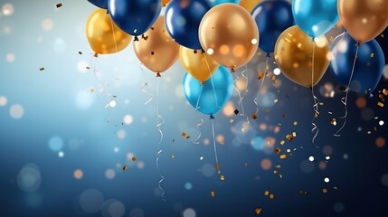A group of blue and gold balloons floating against a blue and white background with confetti and streamers.