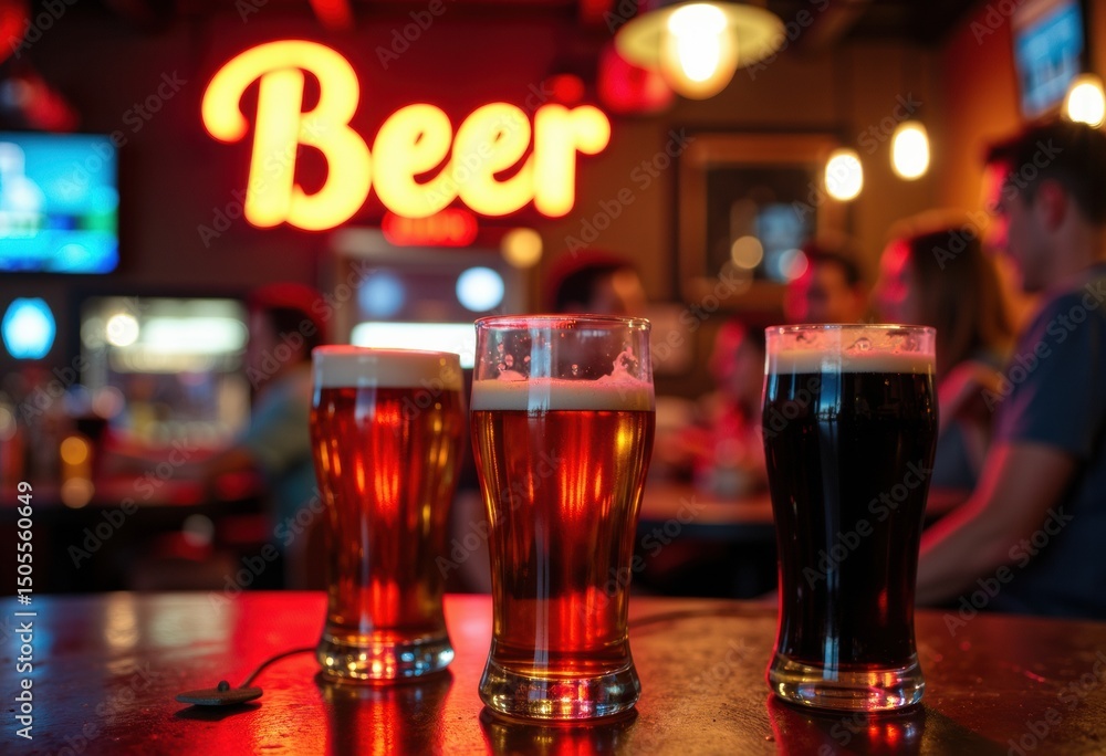 Poster three glasses of beer with different colors on a bar counter in a lively pub setting