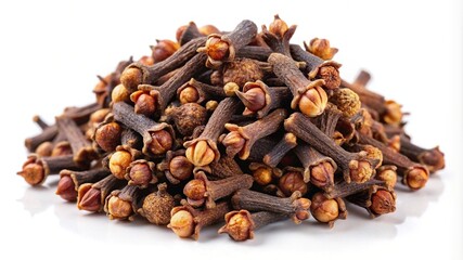 Obraz premium Aromatic pile of dried cloves on a white background used as spice
