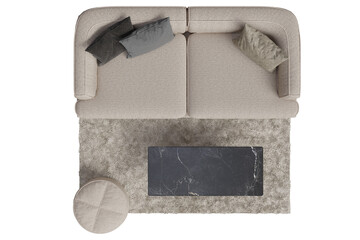 Overhead view of a cream-colored sofa with pillows, a dark rectangular coffee table on a light rug, and a matching ottoman © omkuhh