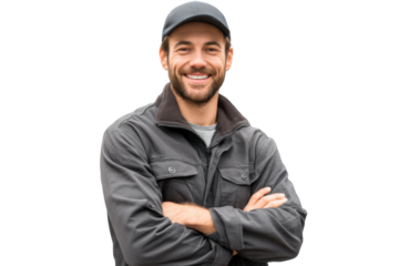 Smiling Delivery Driver Holding Package  isolated on Transparent Background PNG
