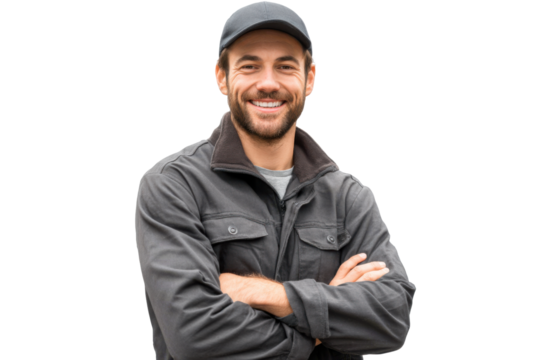 Smiling Delivery Driver Holding Package  isolated on Transparent Background PNG