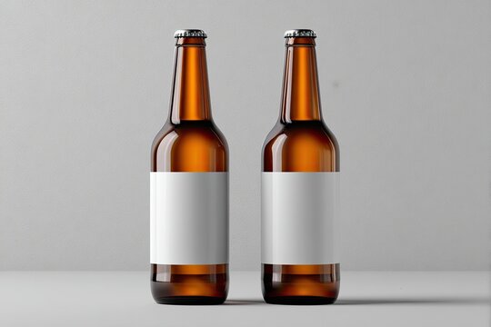 Two amber glass beer bottles, each with a blank white label.  The bottles are positioned side by side against a neutral backdrop.  Clear, simple design for branding - Powered by Adobe