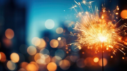 A sparkler burning in the foreground with a blurred cityscape in the background.