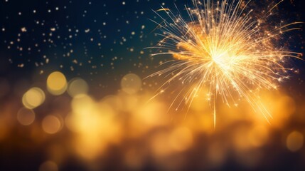 A vibrant, colorful fireworks display against a dark, starry sky, with a sparkler in the foreground and a blurred, festive background.