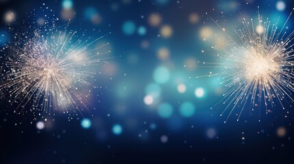 Two fireworks in the night sky, with a blue and white background.