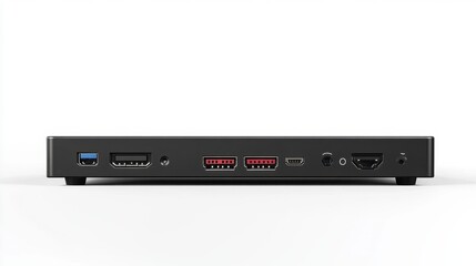 Obraz premium Slim black set-top box with HDMI, Ethernet, and USB ports displayed from rear view