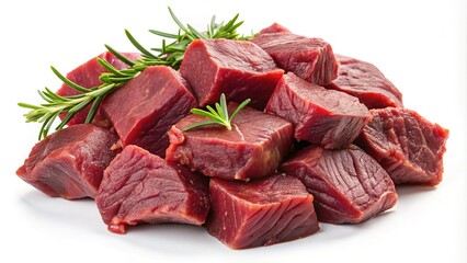 Heap of raw diced beef with rosemary sprigs on a white background