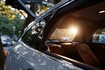 Obraz premium A serene view of sunlight streaming through the rear window of a parked car, accentuated by hints of nature outside, capturing a peaceful moment in an urban environment.