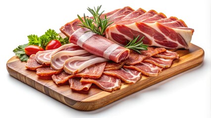 Delicious and appetizing platter of assorted cured meats on a wooden board