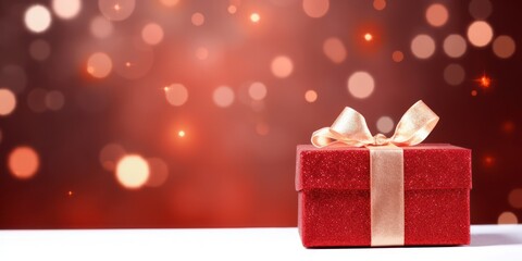 A red gift box with a gold ribbon on a red and gold bokeh background.