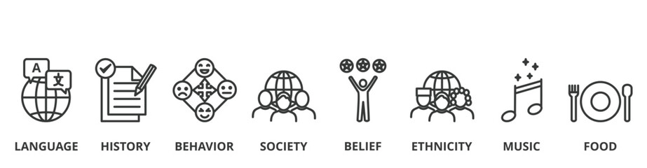 Culture banner vector illustration concept with icon of language, history, behavior, society, belief, ethnicity, music and food