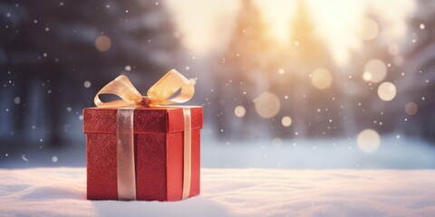 A red gift box with a gold ribbon on a snowy surface in a winter forest with snowflakes falling.